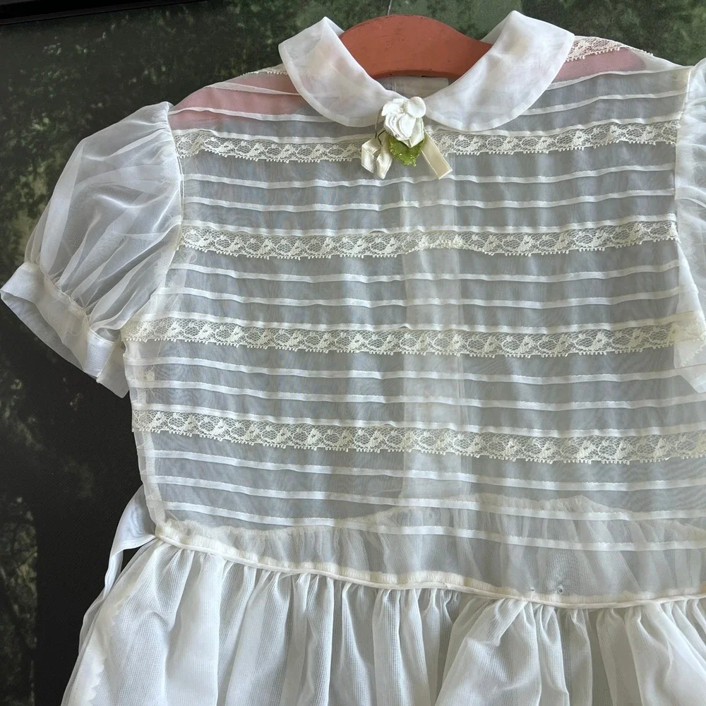 Vintage 1950s Organza Lace Girls Party Dress Sheer Puff Sleeve Peter Pan Collar - Picture 2 of 6